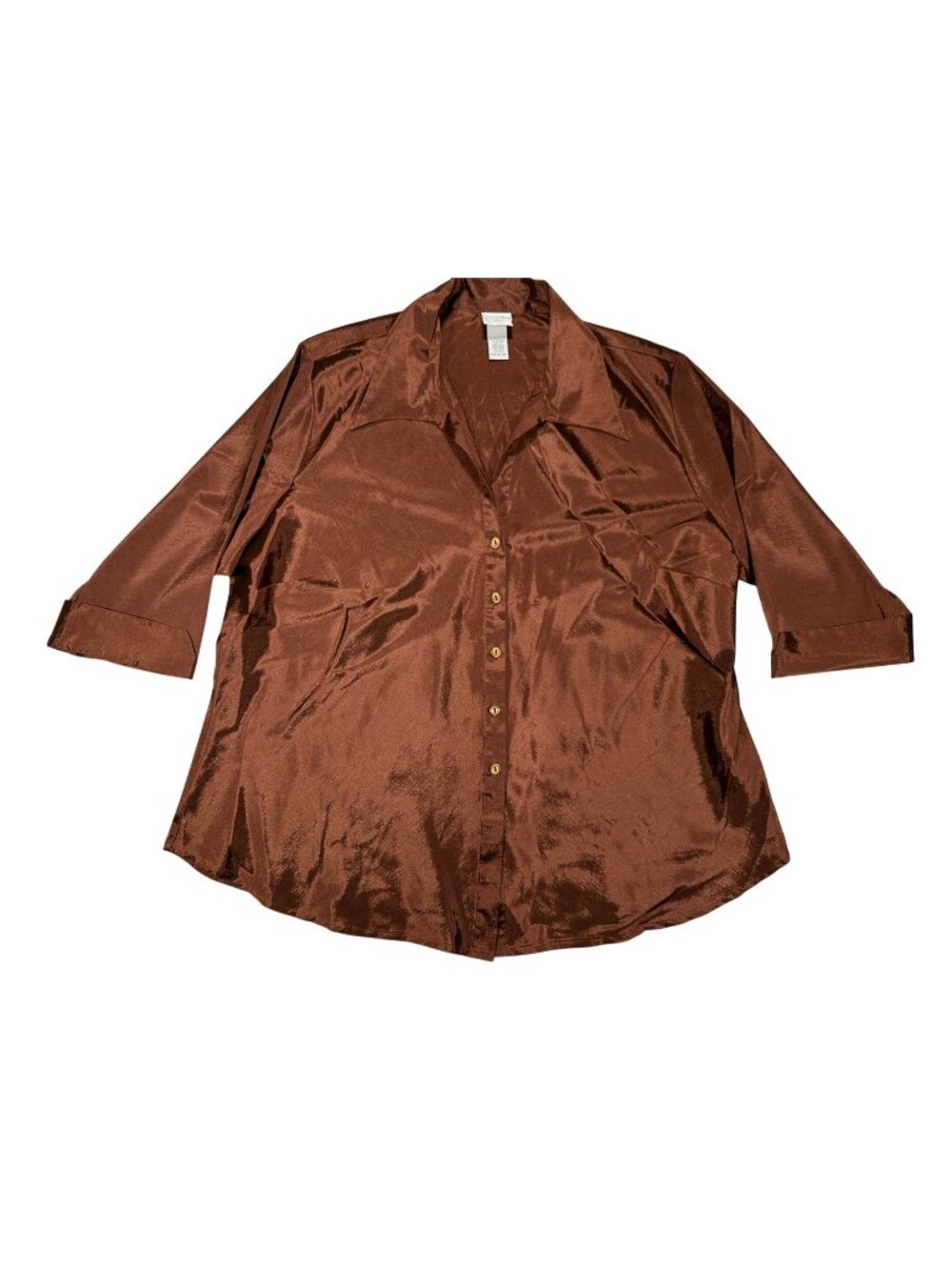 Studio C Womens Plus-Size 22/24 Brown Button-Up Satin Blouse 3/4 Sleeves